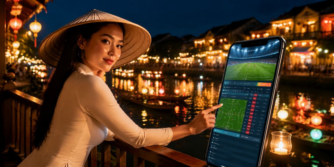 Người chơi tại Hội An sử dụng điện thoại truy cập casino trực tuyến 479 với nón lá truyền thống